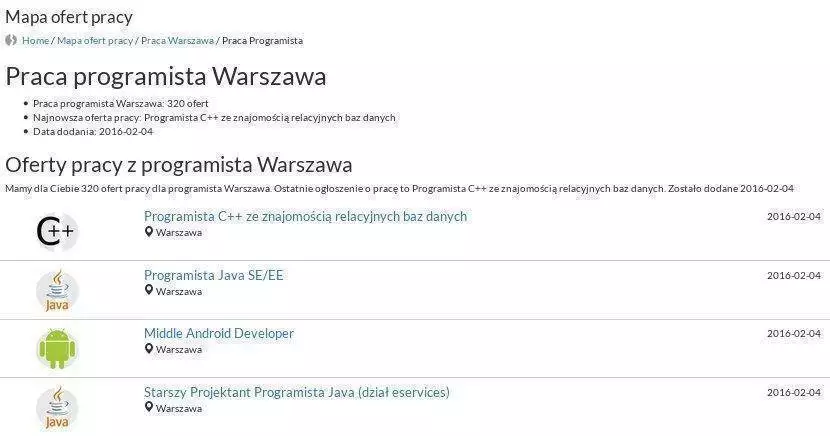 Mapa ofert pracy - praca programista Warszawa