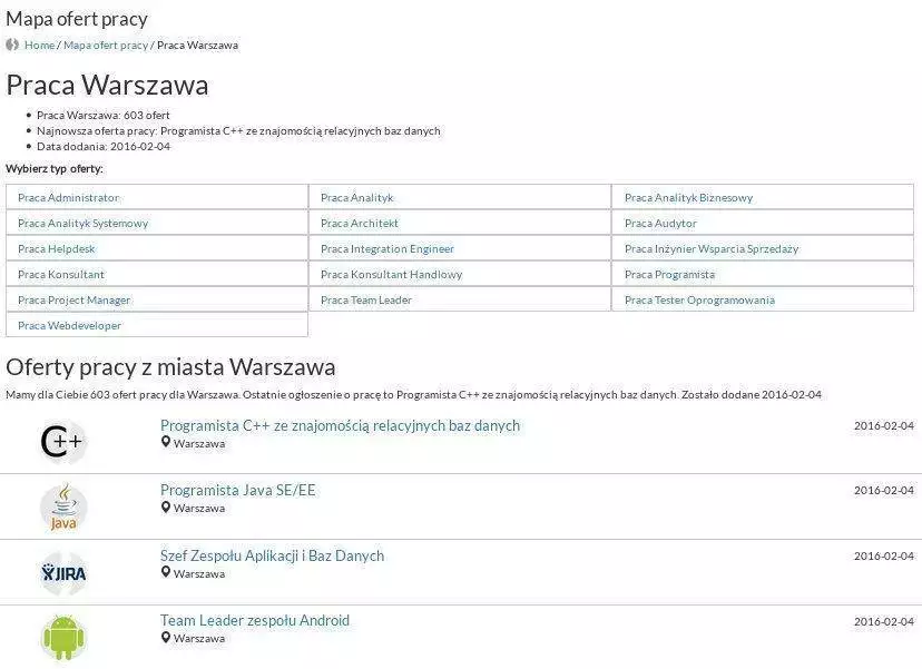 Mapa ofert pracy - wybrane miasto Warszawa