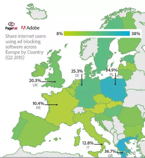 Użytkownicy używający adblock w Europie - mapa